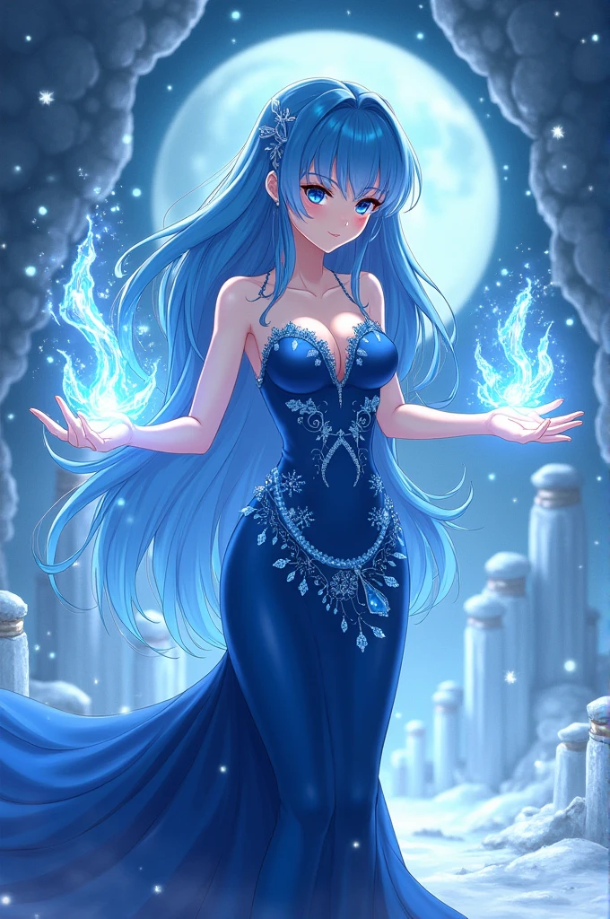 Adult anime woman blue hair blue dress cleavage casti.g ice spell
