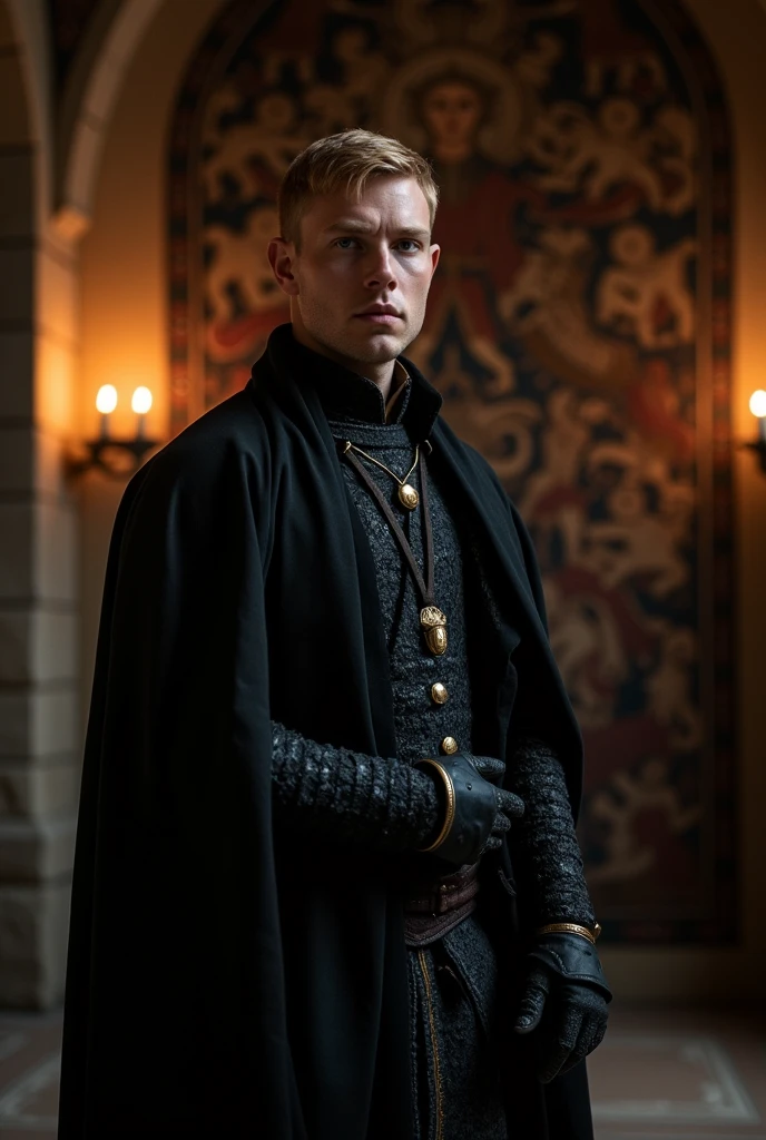 31 year old blond man in black medieval clothes and a big nose, tidy hair and serious expression on his face
