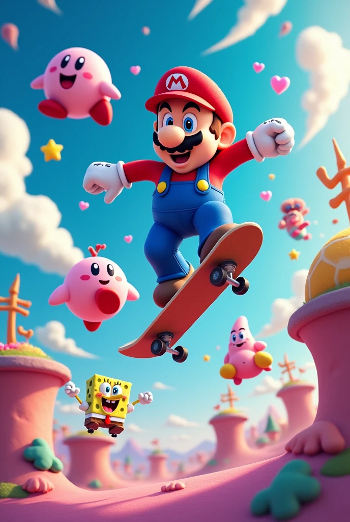 Mario party and Kirby and SpongeBob Patrick and Kirby and god on a skate board kick flip in the air