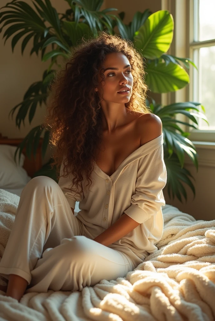(photorealism:1.2), beautiful woman, sitting on bed, wearing loose off-shoulder top, pajama pants, long curly hair, indoors, soft lighting, plants in background, window with sunlight, cozy room, relaxed pose, realistic, intricate details, warm colors, by Greg Rutkowski, by Alphonse Mucha
