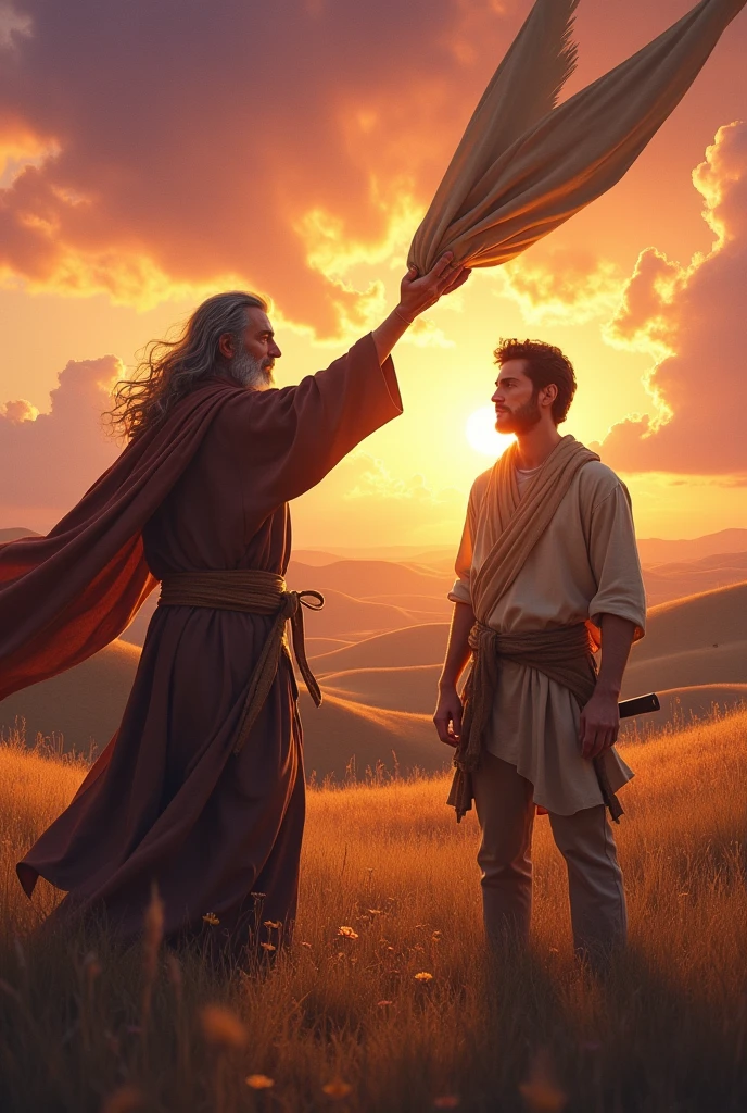 create an image of the moment when the prophet Elijah throws his mantle over Elisha, identifying his call in 16x9 format with a modern look