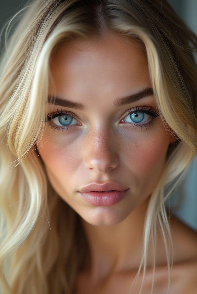 The model has realistic blue eyes with blonde hair