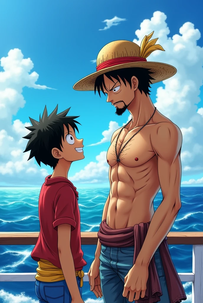 Kid Luffy meet his future self with beard, moustache and masculine body (aesthetic body)