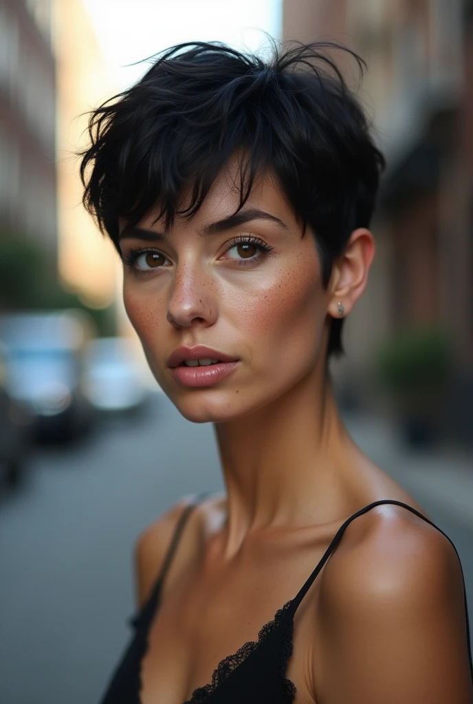 Portraits couleur d'une femme de trente cinq ans au cheveux noir  coupé très court à la garçonne type européen à la peau très clair avec des tâches de rousseur, a very strong nose, posant de face regardant droit devant elle dans un environnement urbain avec un éclairage neutre, with well-shaped and slightly plump lips, elle n'est pas belle mais à beaucoup de charme, She's wearing a black top with thin straps