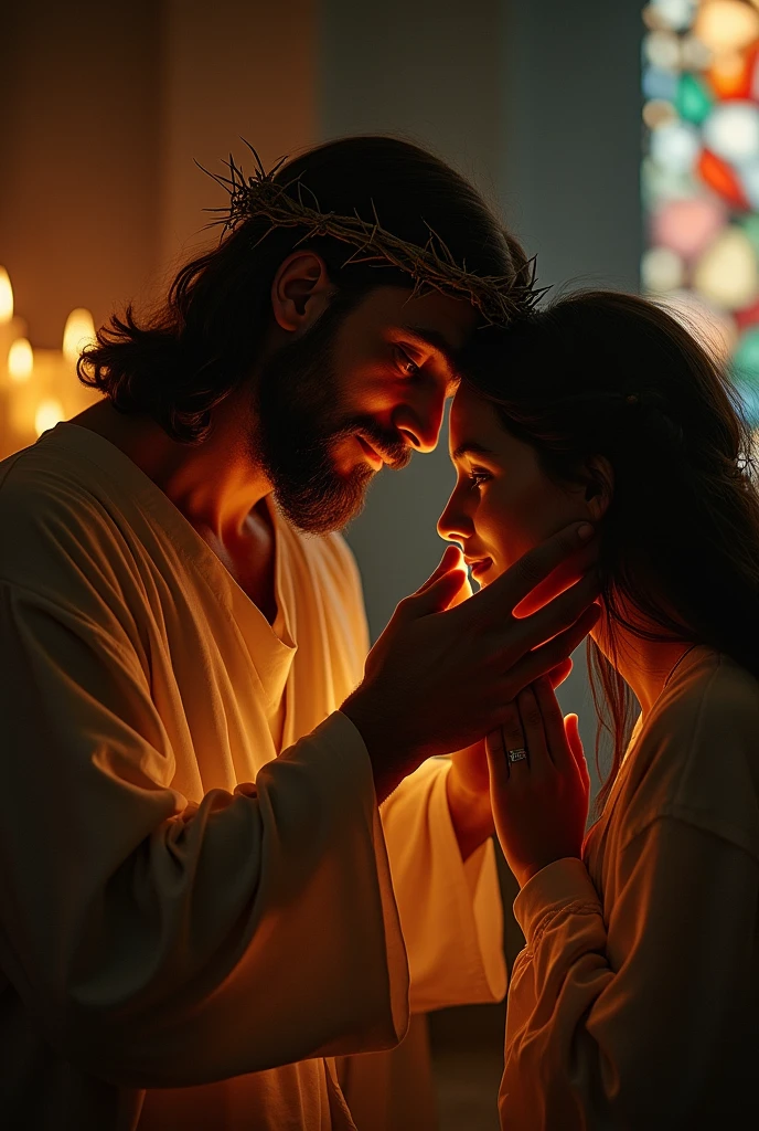 "A solemn image of Jesus Christ wearing a crown of thorns, gently placing His hand on the head of a person who is praying. The person is bowing their head in deep prayer, with a peaceful and reverent expression. Jesus exudes compassion and divine presence, and the background is softly lit, creating a warm and sacred atmosphere."