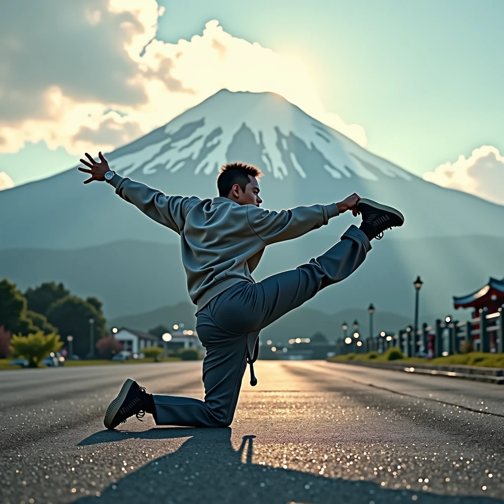 Japanese Bboy dressed in hip hop clothes, performing a breakdance freeze in front of Mount Fuji, with the volcano in sharp focus and the background blurred, creating a cinematic atmosphere. The bboy's pose should convey strength and dynamism, contrasting with the serenity of the mountain. dramatic lighting, with sun rays hitting the bboy and Mount Fuji, Enhancing the Scene. Visual Style: アニメ, cinematographic, realisitic.