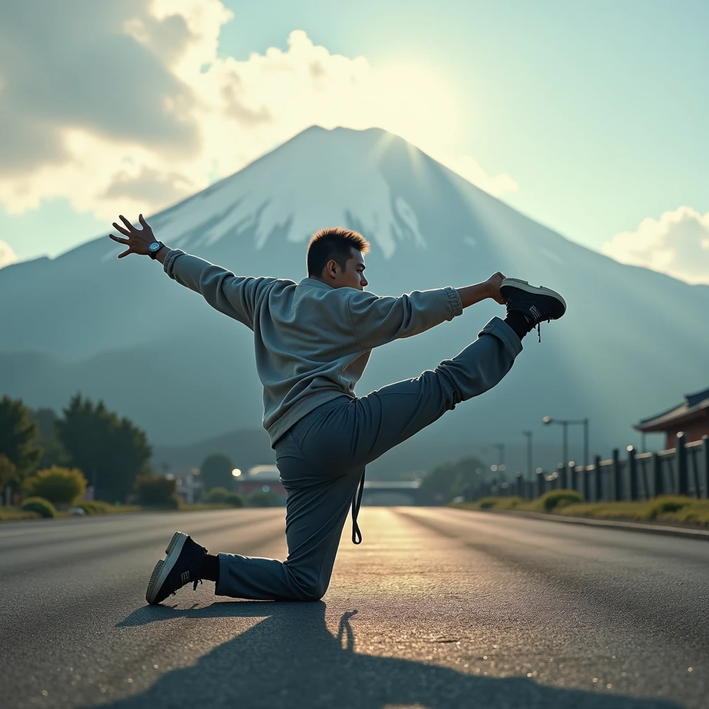 Japanese Bboy dressed in hip hop clothes, performing a breakdance freeze in front of Mount Fuji, with the volcano in sharp focus and the background blurred, creating a cinematic atmosphere. The bboy's pose should convey strength and dynamism, contrasting with the serenity of the mountain. dramatic lighting, with sun rays hitting the bboy and Mount Fuji, Enhancing the Scene. Visual Style: アニメ, cinematographic, realisitic.