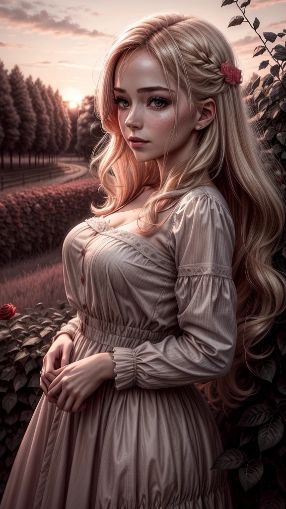 Woman in a field of red rose bushes with a sunset with pink clouds, monochrome backdrop - Blonde woman in a field of pastel rose bushes under a monochrome sunset with soft fluffy clouds. the scene is dreamy and ethereal, looking out at the viewer