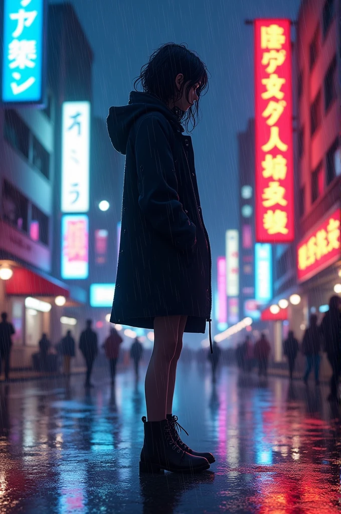 1girl,night city,rain,coat,hands in pockets 2d beautiful 
