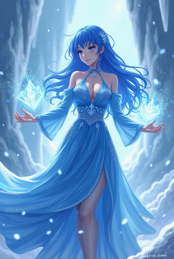 Adult anime woman blue hair blue dress cleavage casti.g ice spell