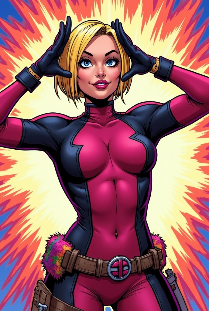 gwenpool, 1 girl, blonde hair with pink tips, multicolor fur, Alone, blue eyes, if, smile, superhero, short hair, ombre hair, kiss camera, erotic, throw, comic strip, open mouth, belt, if, Exploding Background, two tone hair, pink hair, old, I am only a translate agent, tailored suit, animation, gloves, belt if, looking at the viewer, leotard, full body