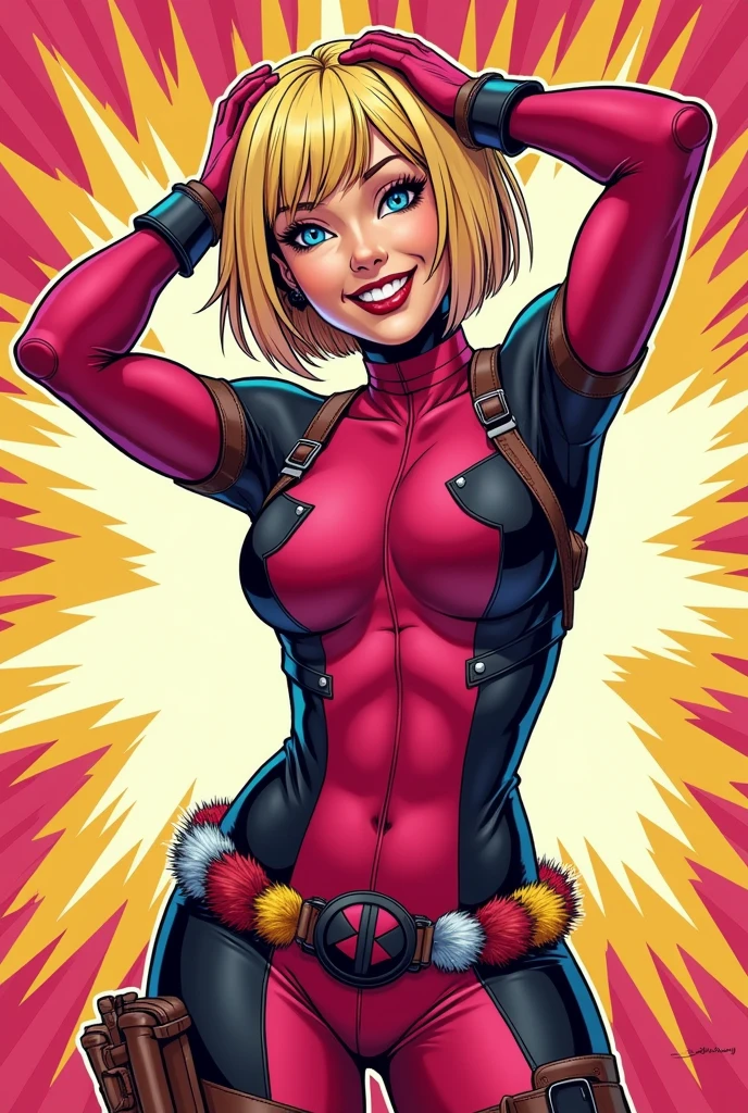 gwenpool, 1 girl, blonde hair with pink tips, multicolor fur, Alone, blue eyes, if, smile, superhero, short hair, ombre hair, kiss camera, erotic, throw, comic strip, open mouth, belt, if, Exploding Background, two tone hair, pink hair, old, I am only a translate agent, tailored suit, animation, gloves, belt if, looking at the viewer, leotard, full body