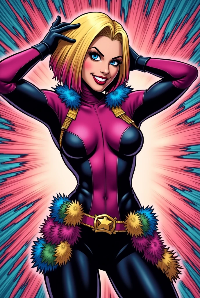 gwenpool, 1 girl, blonde hair with pink tips, multicolor fur, Alone, blue eyes, if, smile, superhero, short hair, ombre hair, kiss camera, erotic, throw, comic strip, open mouth, belt, if, Exploding Background, two tone hair, pink hair, old, I am only a translate agent, tailored suit, animation, gloves, belt if, looking at the viewer, leotard, full body
