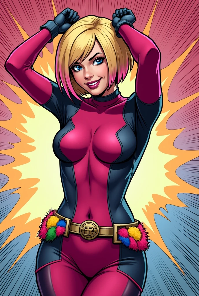 Margot Robie, Barbie pink, Dc Comics, dressed as a Barbie version of power girl, by Adam Hughes, (sexy), flying, eyes closed extacy