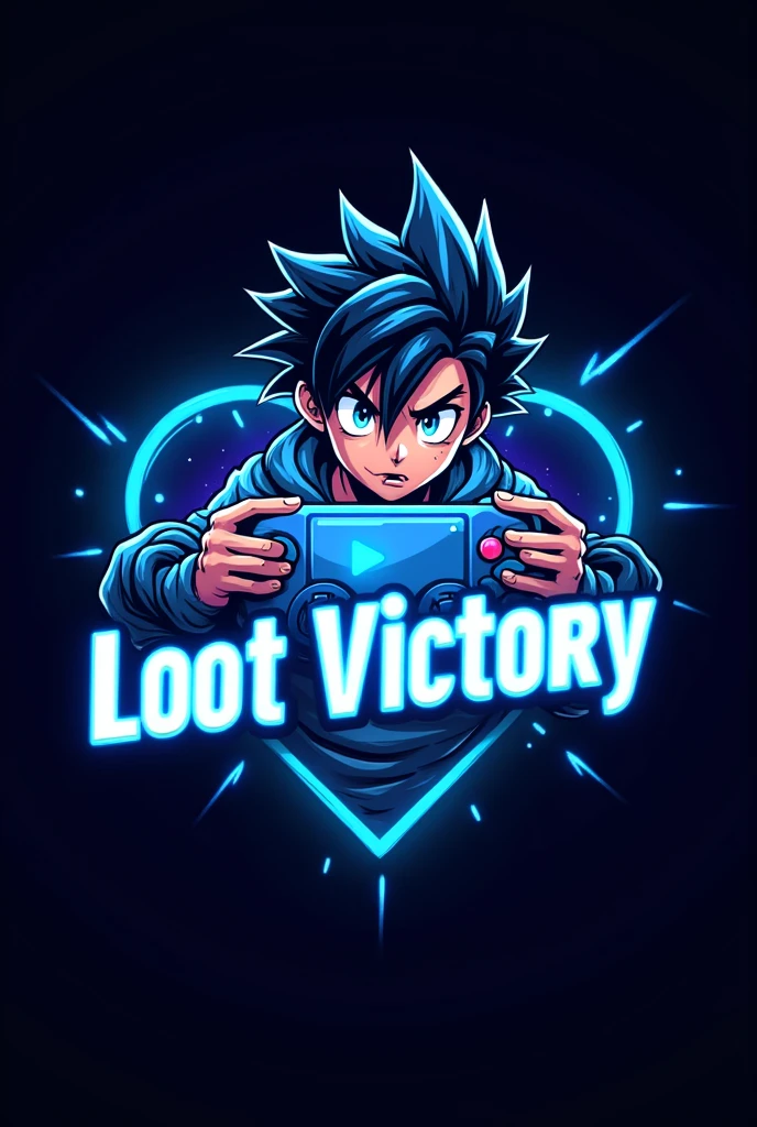 This is a garning logo that features the name "Loot Victory" in a futuristic font and a neon blue color. and  boy 'Anime' Killer The logo also has a stylized controller Icon and a YouTube play button in the background. The logo is designed to be attractive and eye-catching, and to appeal to gaming enthusiasts and YouTube viewers. 
