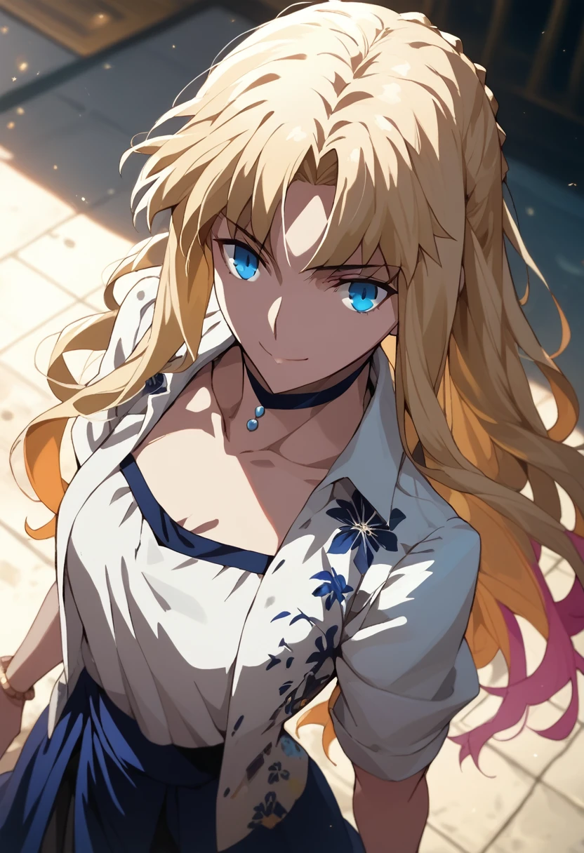 masterpiece, best quality, highres, fate grand order,fgo,アニメ, wide angle, from above, 1girl, blonde hair, long hair, multicolored hair, Blue eyes, jewelry, necklace, choker,  white open shirt, floral print, bracelet, Blue Skirt, cowboy shot,smile