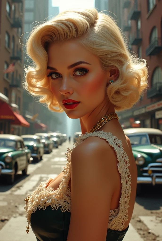 (Masterpiece - Ultra-Detailed, High Resolution) Prepare to be enchanted by a true masterpiece that combines ultra-detailed art with high-resolution rendering. This work shows a mesmerizing woman, with short, light blonde hair, 1950s style, Marilyn Monroe (1.3) and captivating brown eyes (1.2), New York illustration style, wearing red lipstick, emanating an aura of elegance and mystery. Wearing victorian classic 1950s clothing. sexy. Intricate details and realistic textures invite you to explore