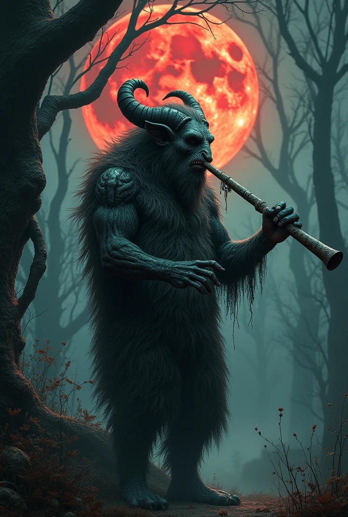 A macabre satyr playing a bagpipe with magical symbols on the bellows and the pipes of the bagpipe resembling leg and arm bones in the moonlight of a red moon