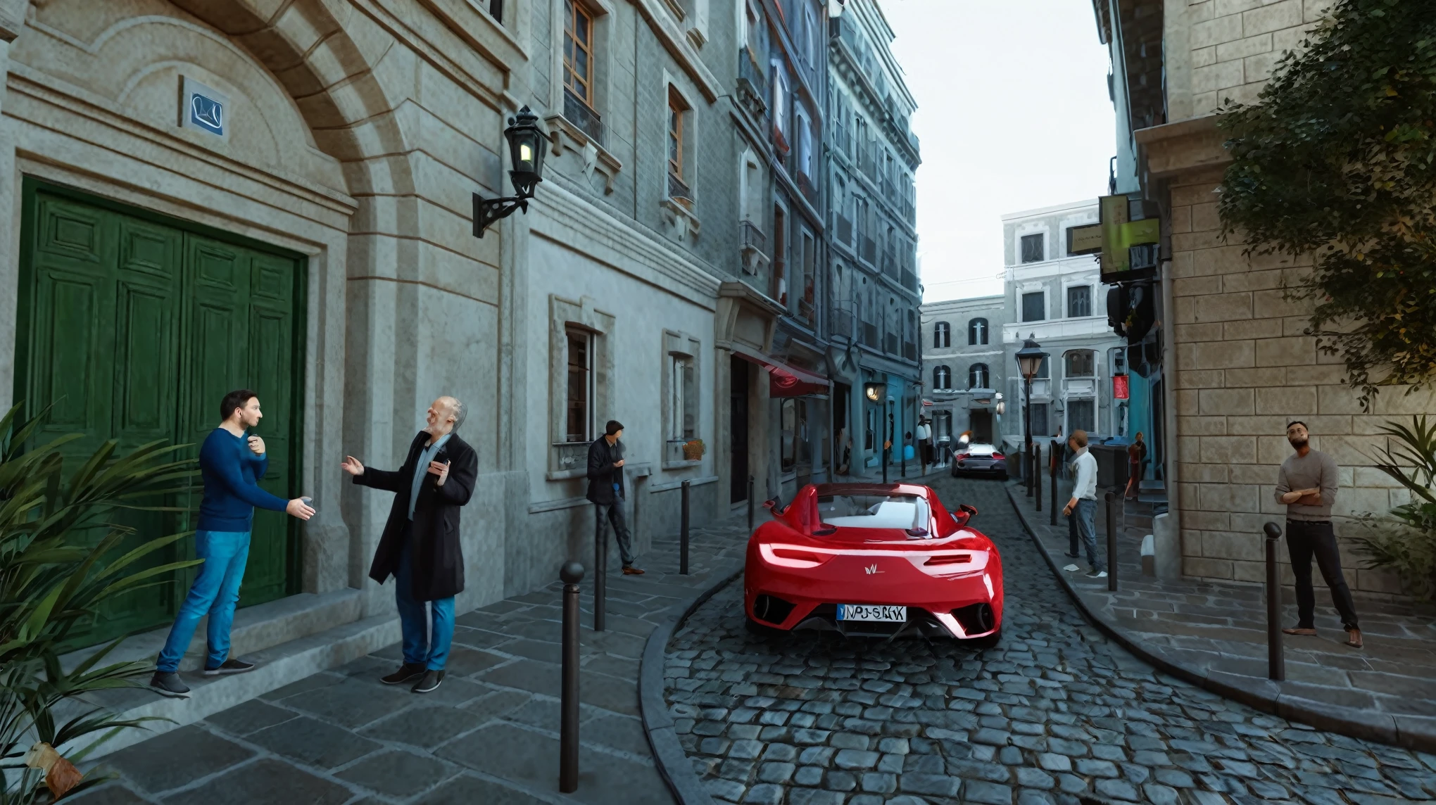 there are two men standing on a cobblestone street talking to a red sports car, hyper photorealistic raytracing, photorealistic cinematic render, rendered in lumion pro, pininfarina, realistic. octane render, ultra photorealistic raytracing, rendered in 8 k unreal engine, hyperealistic octane render, 8 k photorender realityengine, 8k octane render photorealistic