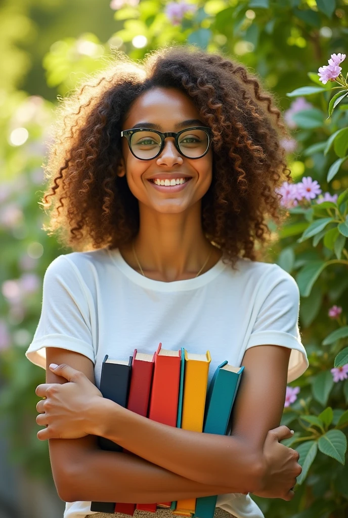 
Young woman holding books. Local Tourist. Sunny Summer Day. greenery background. holiday weekend. Woman in Love with Glasses and White T-shirt. Smiling Outdoor Portrait