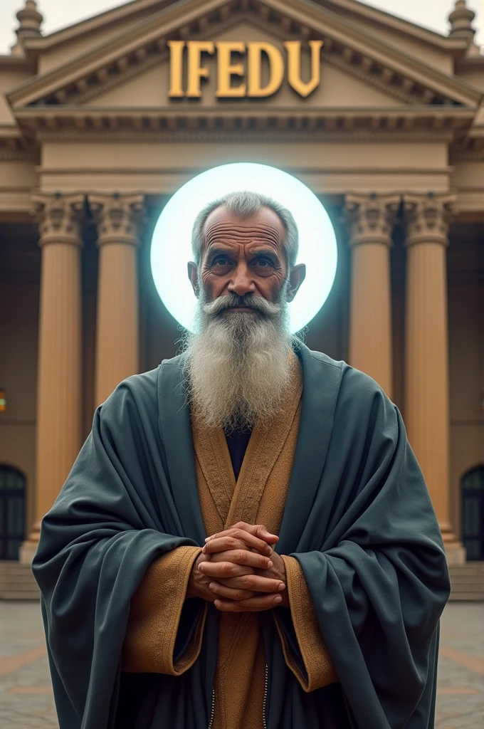 Man with a white aura on his head , very wise , hair grey, little beard and behind him to his new temple called the church of the eduardona faith of the last days, I need you to put the initials of the temple above the church, IFEDU, It can&#39;t be a church, it&#39;s just a temple