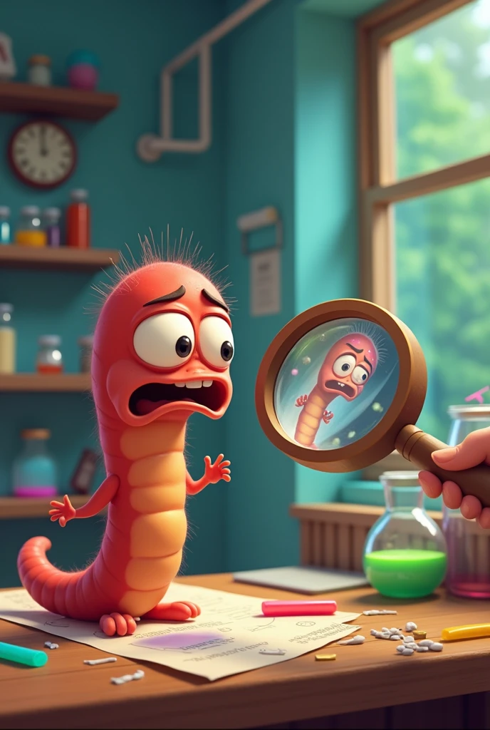 An animated ancylostoma parasite looking through a magnifying glass or microscope, discovering that it has been identified in a stool sample
And then the same parasite with a worried face