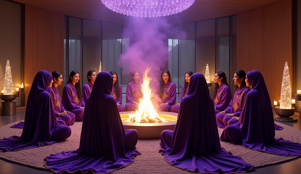 A 50-year-old Black woman, a blonde woman with short platinum hair, a young Latina with long curly hair, a young black woman all wearing a long dark red dress. in a castle sitting in a circle holding hands, praying around a circle of fire.