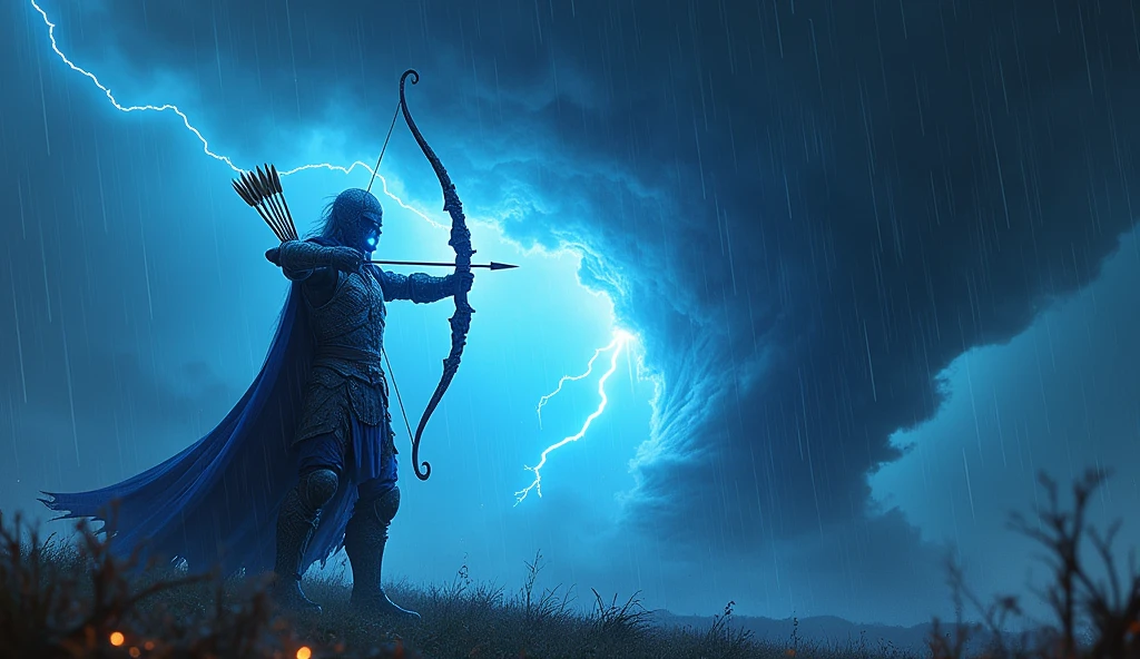 glowing light armored blue archer with bow standing in storm, tornado behind him, ray tracing, 8k, best quality, super detail, masterpiece, award winning