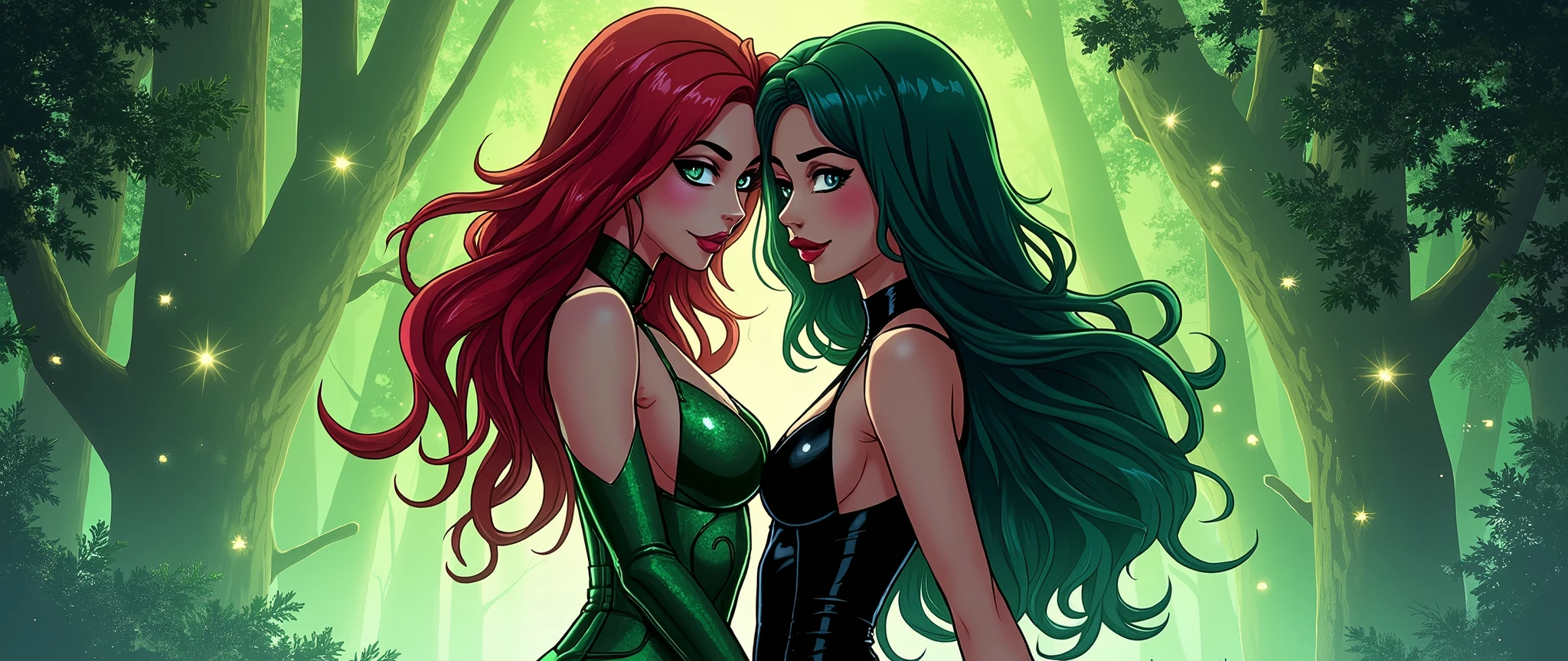 fond ecran pour pc avec poison ivy et Raven (teen titans) sexy style manga en se calinant avec des décolletés, elles regardent l'objectif
