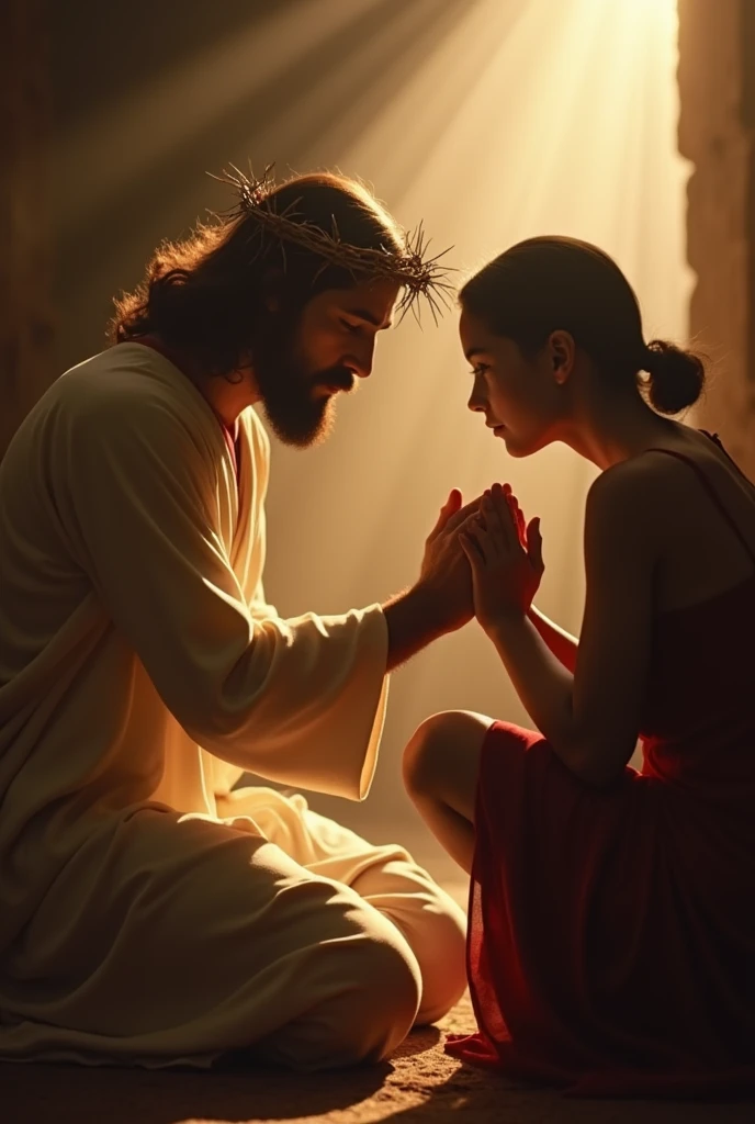 "A solemn image of Jesus Christ wearing a crown of thorns, gently placing His hand on the head of a person who is praying. The person is bowing their head in deep prayer, with a peaceful and reverent expression. Jesus exudes compassion and divine presence, and the background is softly lit, creating a warm and sacred atmosphere."