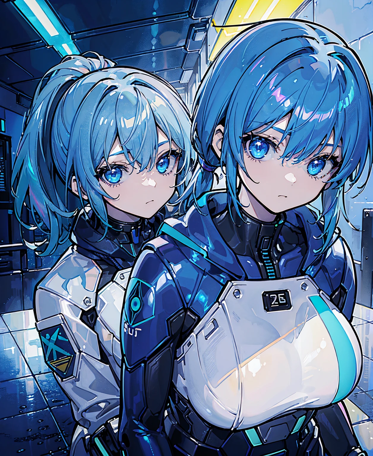 ((Holographic glow effect)),Blue Hair、Masterpiece、Best Quality、1 girl、Medium breast、((Album cover))、Light on Face、Slim Body、Blue Costume、Exoskeleton、metal Gear、Cyberpunk Style、ponytail、The Gundam pilot、attention arousal，Ride a fighter