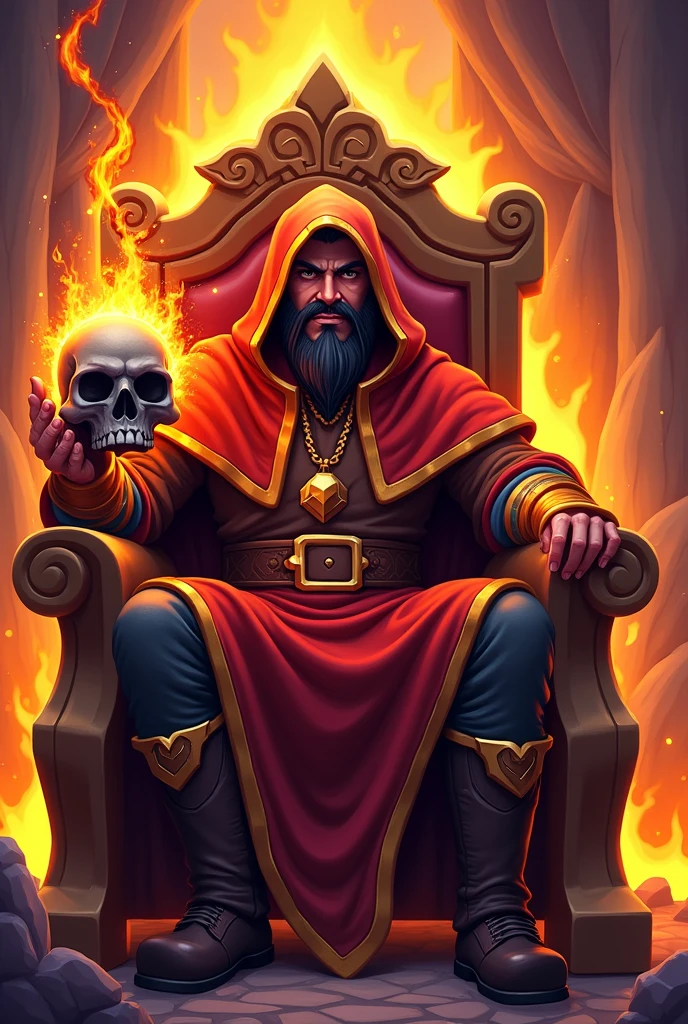 Draw the fire mage from clash royale sitting on a throne with a skull in his hand aslo in the clash royale drawing style aslo with his red and gold hood with a black goatee aslo with a fire aura