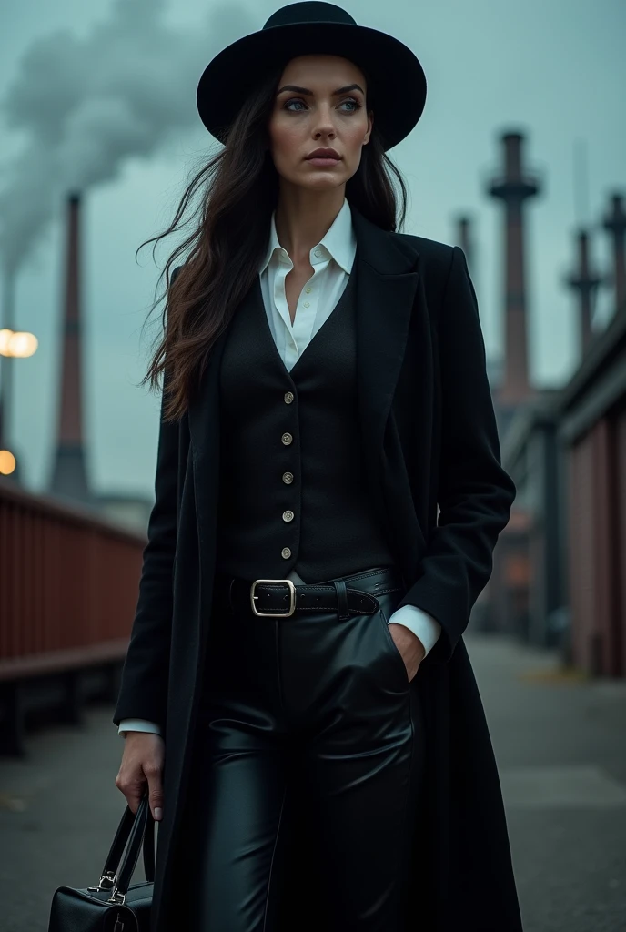 femmes britanniques en entier, yeux bleus, cheveux noirs, Portez un chapeau rond noir classique, chemise blanche, gilet foncé, Veste longue foncée, une ceinture avec boucle en argent, pantalon en cuir foncé, botte noire, elle porte un sac en cuir dans sa main gauche, c'est une femme sérieuse avec une grande ambition, elle vit à l'époque industrielle britannique