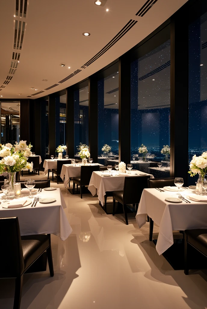 Restaurant at night, with white colors, rot, blackw, luxurious