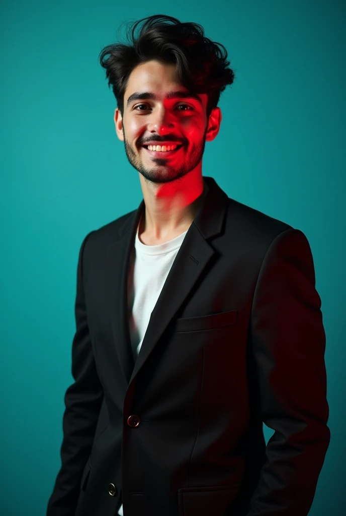 A young man with dark hair and a confident smile.G He is dressed in a black blazer over a white shirt. The man is positioned against aqua colour backdrop with a subtle red lighting on the left side.and he posing for LinkedIn profile