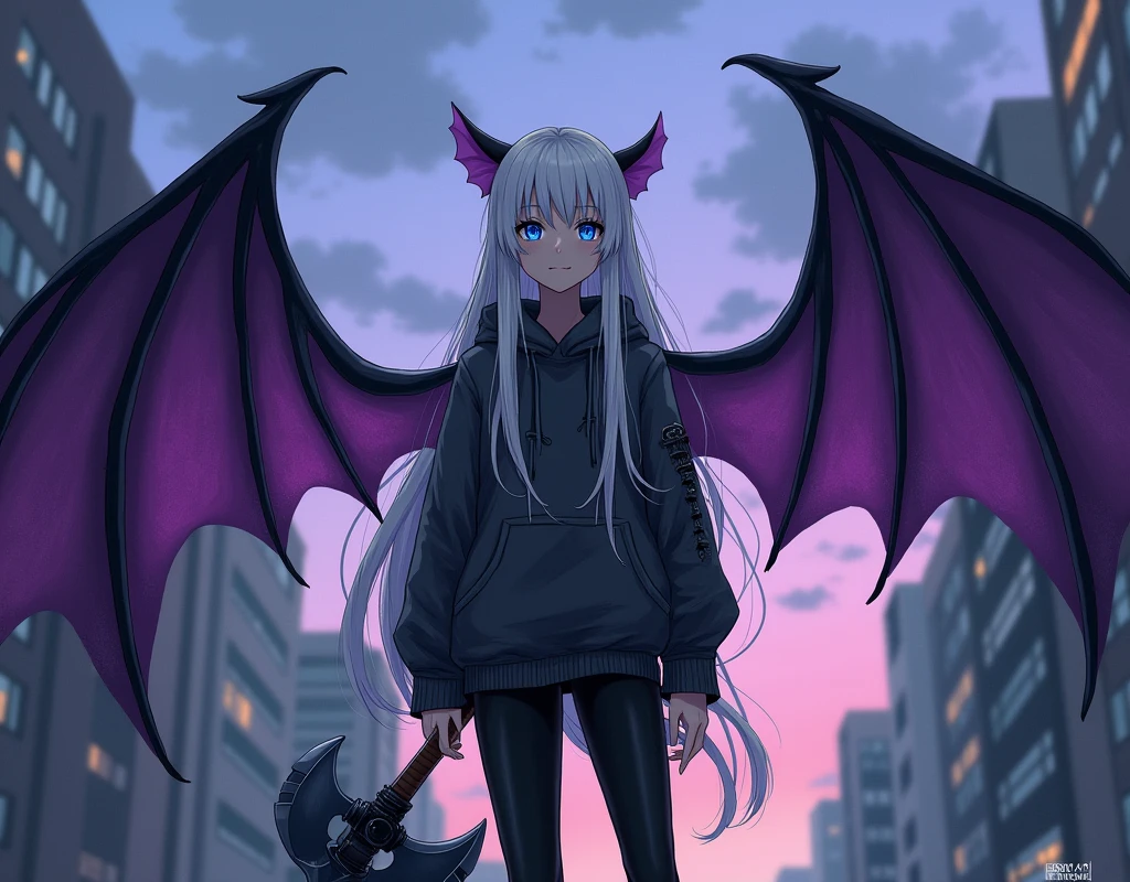 Yumi is a girl of average height, with long white hair, blue eyes and pale skin. She wears a black and gray hoodie on the sides, black pants and black shoes. Yumi has black bat wings with purple interior on her back, besides she has an axe at her waist.