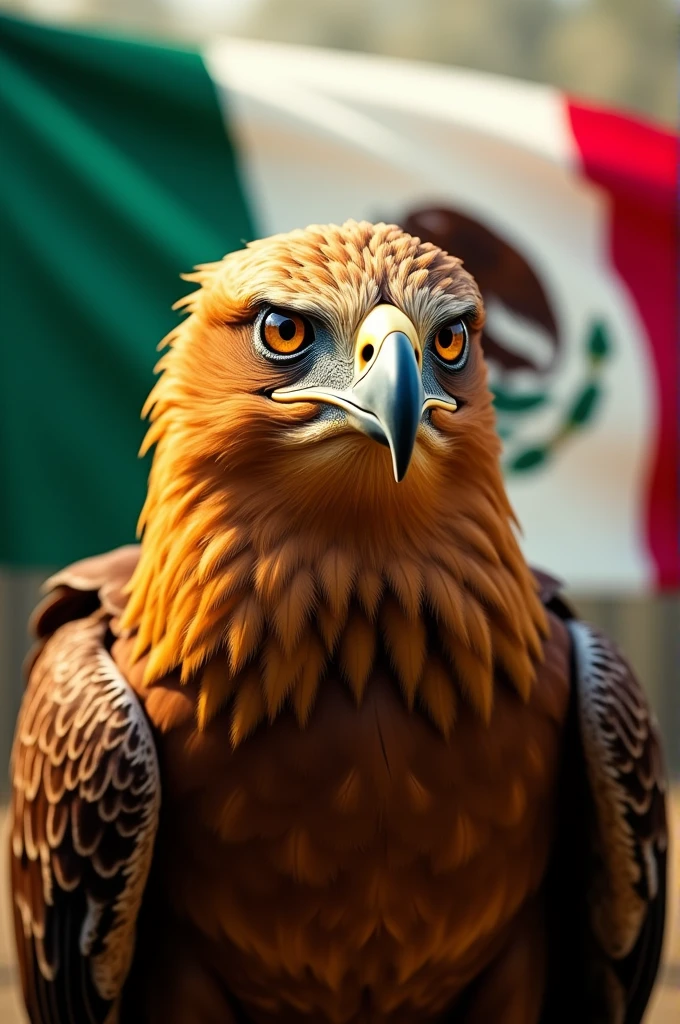 Large head of a golden eagle and a Mexican flag in the background
