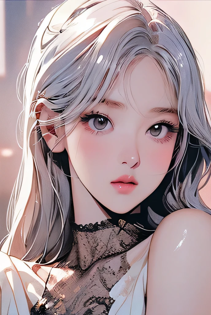 rosè blackpink, silver hair, beautiful detailed eyes, beautiful detailed lips, extremely detailed face and eyes, long eyelashes, portrait, 1girl, fantasy, oil painting, glowing skin, serene expression, delicate features, elegant hairstyle, shimmering silver hair, soft lighting, warm color palette, cinematic composition, masterpiece