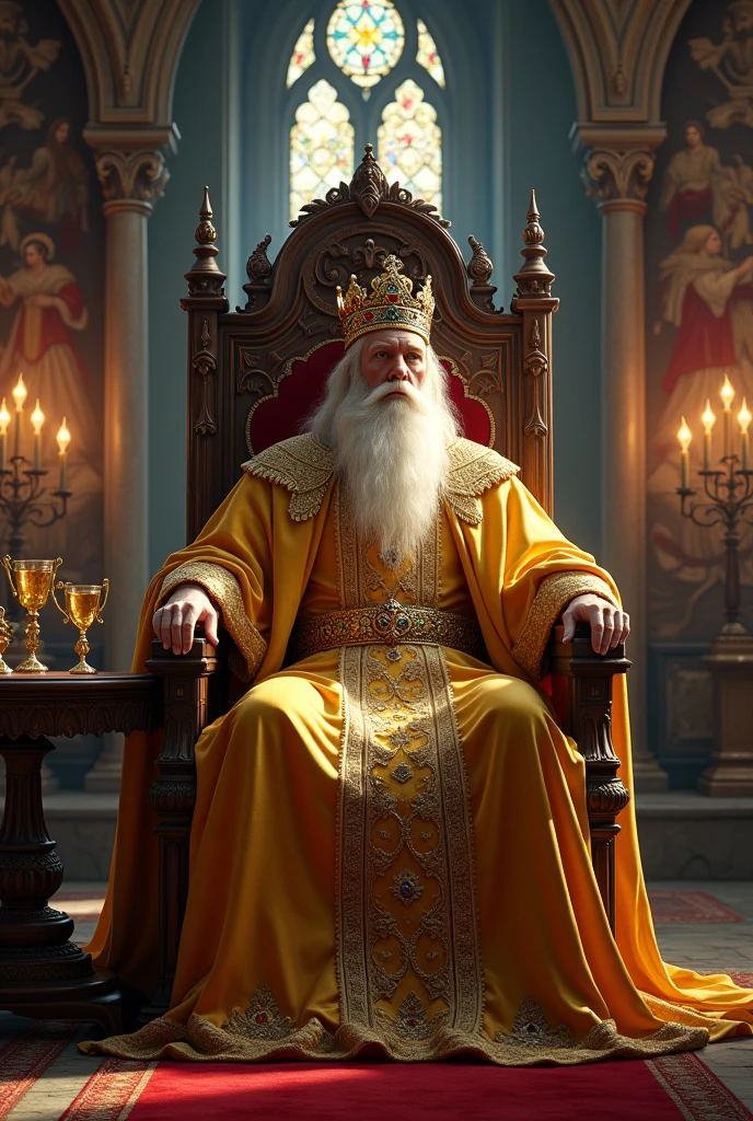 A king with a white bath sits on a throne