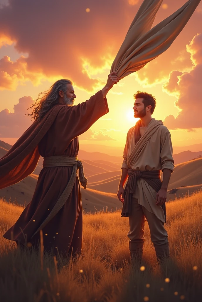 create an image of the moment when the prophet Elijah throws his mantle over Elisha, identifying his call in 16x9 format with a modern look