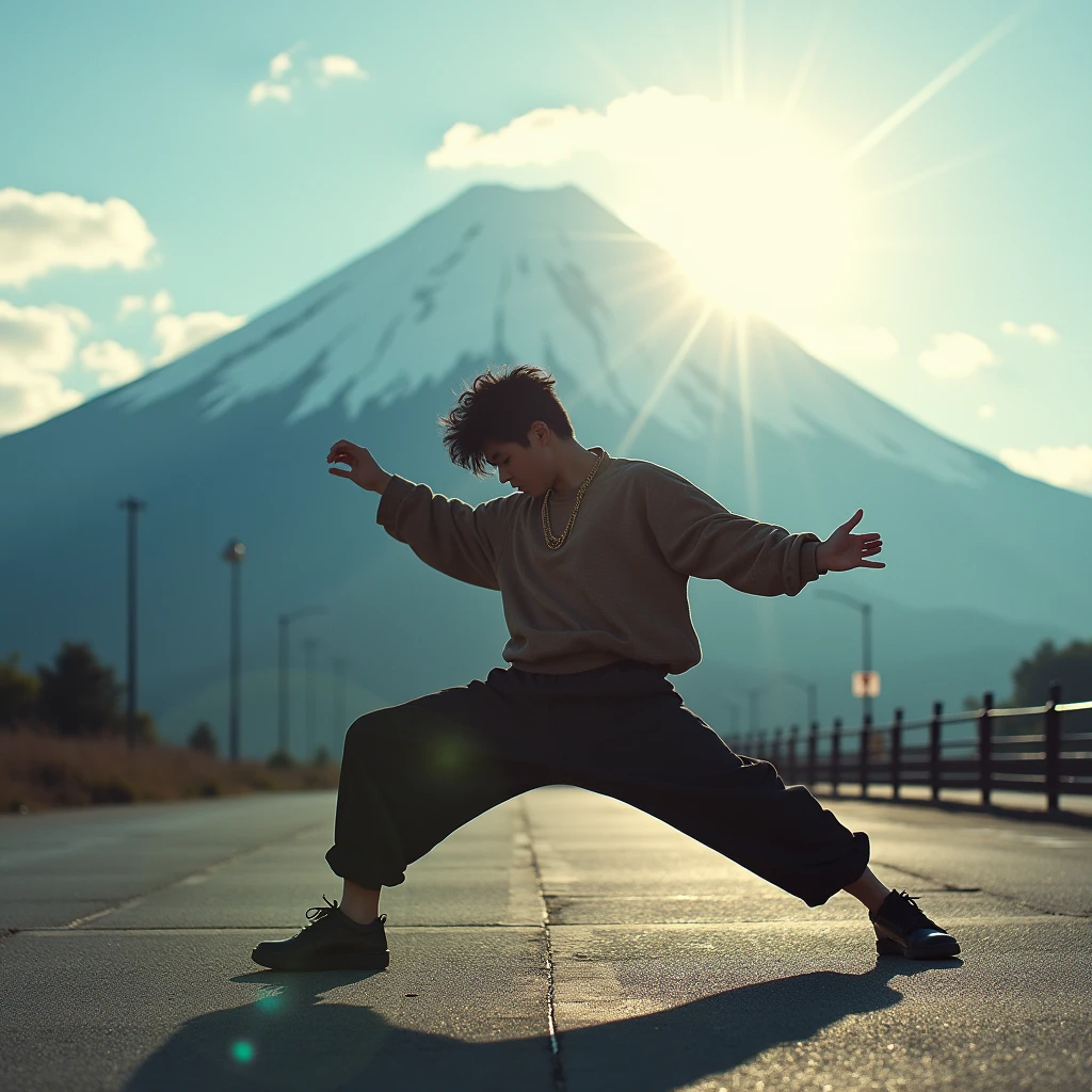 Japanese Bboy dressed in hip hop clothes, performing a breakdance freeze in front of Mount Fuji, with the volcano in sharp focus and the background blurred, creating a cinematic atmosphere. The bboy's pose should convey strength and dynamism, contrasting with the serenity of the mountain. dramatic lighting, with sun rays hitting the bboy and Mount Fuji, Enhancing the Scene. Visual Style: アニメ, cinematographic, realisitic.