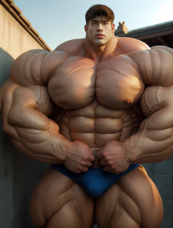 1boy, giant, asian, solo, giant bodybuilder, golden hour, strong body, bulk, large size, standing and leaning on any wall, outdoor, nude, blue triangular underwear with enormous bulge, extraordinary big, brutalmass, giant muscular body, bulk, buff, massive body, large meaty body size, extremely wide body,  tallest body