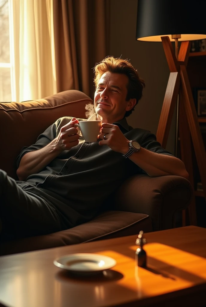 French actress Alain Delon is sitting on a couch drinking coffee, a beautiful and warm light is shining from the window. In front of Alain Delon is a small key on the table. There is a square lampshade made of wood. The cap of the lampshade is black and rectangular.