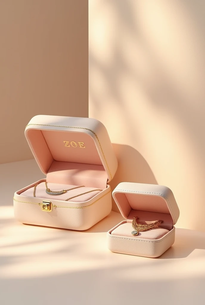 Create plain pastel gold jewelry boxes closed and open with chain inside with the name ZOE in serif font.