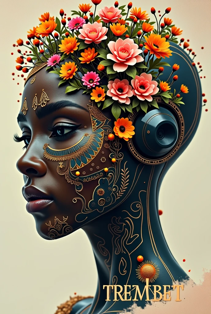 cover for the music track titled “Trembeat - Ritual”. The image should feature a face and upper body that seamlessly blend two styles: one side should suggest a realistic female human with dark skin and subtle ethnic symbols, while the other side should evolve into a futuristic robot. The robot’s surface should integrate vibrant, colorful flowers that flow organically from the human side, creating a harmonious fusion of natural and artificial elements. Ensure the transition between the human and robot aspects is fluid and natural. The text “Trembeat - Ritual” should be incorporated in a modern, artistic font that complements the overall design, enhancing the blend of traditional and futuristic aesthetics.