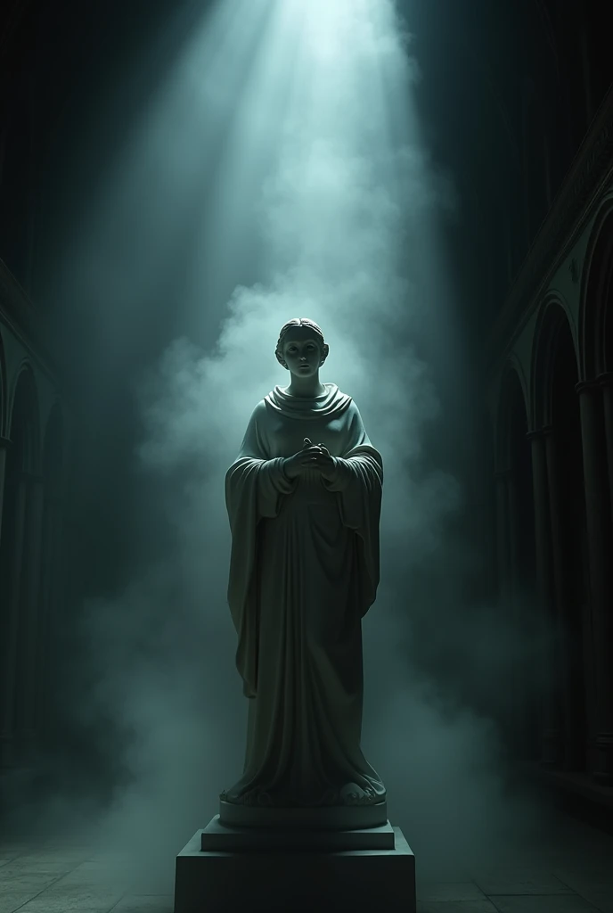 "Create a detailed image of a Renaissance-style statue of a saint, positioned in a dark, eerie environment. The statue should exude a sense of holiness but with a subtle twist of horror—perhaps through faint cracks, eerie shadows, or slight distortions in the figure's expression. The surrounding atmosphere should be filled with mist and dim lighting, with gothic architecture faintly visible in the background, enhancing the sense of mystery and dread."