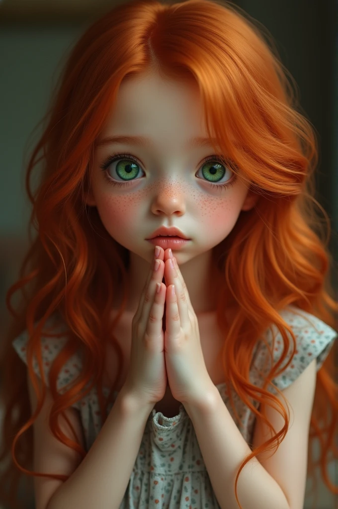 masterpiece, best quality, 1girl, long red hair, green eyes, freckles, upper body, nervous, looking at viewer, index fingers togethe