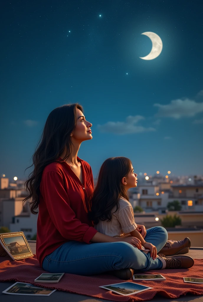 (Image réaliste : 1.2), une belle femme arabe, assise avec sa fille sur le toit de la maison, vêtue d'une chemise rouge, d'un jean et de chaussures en cuir, et elles regardent les étoiles dans l'espace, ses cheveux sont longs, à la en haut se trouvent des photos de la maison et d'autres maisons au loin,