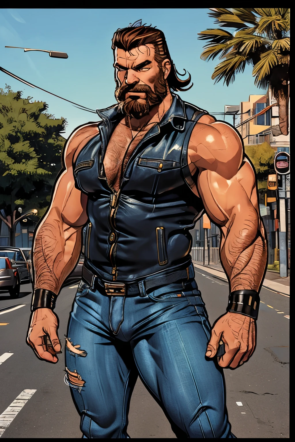 (ultra realistic, 32k, RAW photo:1.1), 8k uhd, dslr, high quality, film grain, (a hairy 40yo rocker biker man), california, standing on street, tight jeans, bulging crotch, thorn jeans, (front view), dynamic pose, wind, sun