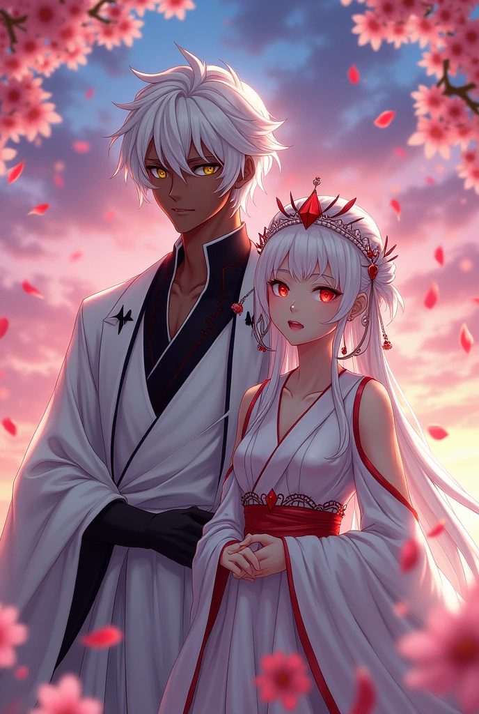 A black male anime character with white hair and golden pupils, wearing white clothes with black details, and behind him is a white woman with white hair, a red tiara, red pupils, and white clothes with red details.